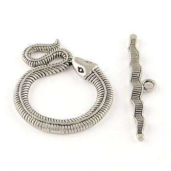 Tibetan Style Snake Toggle Clasps, Cadmium Free & Nickel Free & Lead Free, Antique Silver, Snake: 46x36x3mm, Hole: 4mm, Bar: 51x10x3mm, Hole: 3mm