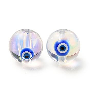 Transparent Glass Beads, with Enamel, Round with Evil Eye Pattern, Blue, 10~10.5x9mm, Hole: 1.6mm