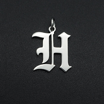 304 Stainless Steel Pendants, with Jump Ring, Old English, Letter, Laser Cut, Stainless Steel Color, Letter.H, 16.5x13.5x1mm, Hole: 3mm