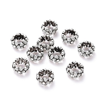 925 Sterling Silver Spacer Beads, Ring with Flower, Antique Silver, 6x3mm, Hole: 3.3mm