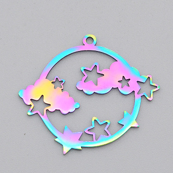 Ion Plating(IP) 201 Stainless Steel Pendants, Laser Cut, Planet with Star & Cloud, Rainbow Color, 27x30.5x1mm, Hole: 1.6mm