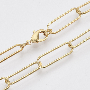 Brass Round Oval Paperclip Chain Necklace Making, with Lobster Claw Clasps, Real 18K Gold Plated, 24.4 inch(62cm), Link: 20x6.5x1mm