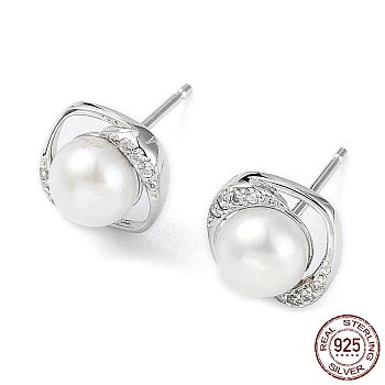 Cubic Zirconia Sauqre with Natural Pearl Stud Earrings, Rhodium Plated 925 Sterling Silver Earrings for Women, Platinum, 9x9mm