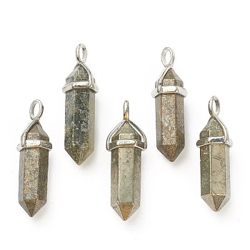 Natural Pyrite Pendants, with Platinum Tone Brass Findings, Bullet, 39.5x12x11.5mm, Hole: 4.5x2.8mm