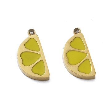 304 Stainless Steel Enamel Pendants, Lemon Charms, Ion Plating(IP), Real 18K Gold Plated, 13.5x6.5x3mm, Hole: 1.2mm