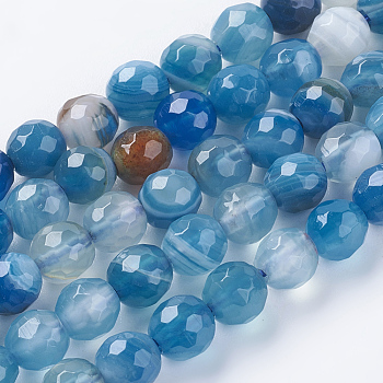 Natural Stripe Agate Beads Strands, Faceted, Dyed, Round, Marine Blue, 6mm, Hole: 1mm, about 62pcs/strand, 15 inch