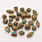 Handmade Tibetan Style Beads, Brass with Synthetic Coral and Turquoise, Antique Golden, 8~25x8~13mm, Hole: 1~2.5mm(X-TIBEB-G001-M2)