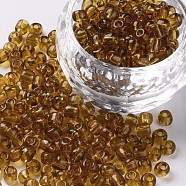 Glass Seed Beads, Transparent, Round, Round Hole, Dark Goldenrod, 6/0, 4mm, Hole: 1.5mm, about 500pcs/50g, 50g/bag, 18bags/2pounds(SEED-US0003-4mm-2C)