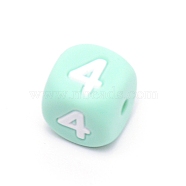 Silicone Beads, for Bracelet or Necklace Making, Arabic Numerals Style, Aquamarine Cube, Num.4, 10x10x10mm, Hole: 2mm(SIL-TAC001-02A-4)