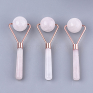 Natural Rose Quartz Massage Tools, Facial Rollers, with Brass Findings, Rose Gold, 135x45x30mm(G-T125-28)