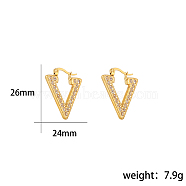 Fashionable Stainless Steel Hoop Earrings, with Clear Cubic Zirconia, Real 18K Gold Plated, Triangle, 26x24mm(FX3254-3)