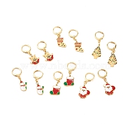 Brass Huggie Hoop Earrings for Christmas, with 316 Surgical Stainless Steel Enamel Charms, Mixed Shapes, Real 14K Gold Plated, Mixed Color, 31~38mm, Pin: 1mm(EJEW-JE04509)