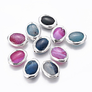 Natural Agate Beads, with Brass Findings, Oval, Silver Plated, 24~26x17~19x7~8mm, Hole: 1mm(G-F633-11S)