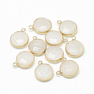 Natural White Jade Pendants, with Brass Findings, Faceted, Dyed, Flat Round, Golden, Creamy White, 19~21x15~16x6~7mm, Hole: 2mm(G-Q964-13G)