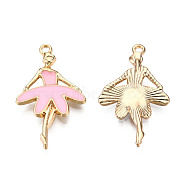 Light Gold Plated Alloy Pendants, with Enamel, Ballet Dancer, Pearl Pink, 30.5x18x2.5mm, Hole: 1.8mm(ENAM-T009-18C)