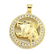 Brass Micro Pave Cubic Zirconia Pendants, Ring with Leopard Charms, Real 18K Gold Plated, 28x25x6mm, Hole: 4x3mm(KK-K354-08G-G)