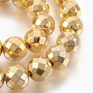 Electroplated Non-magnetic Synthetic Hematite Bead Strand, Round, Faceted, Golden Plated, 12x11mm, Hole: 1.6mm, about 35pcs/strand, 15.35 inch(39cm)(G-E498-09A)