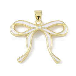 Brass Pendants, with Enamel, Bowknot Charm, Real 18K Gold Plated, White, 21.5x28x3.5mm, Hole: 5x3mm(KK-H477-02G-01)