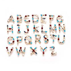 Brass Rhinestone Pendants, with Cubic Zirconia, Mixed Letters, Golden, Colorful, Random Mixed Letters, 18~20.5x8.5~23x2.5~3mm, Hole: 2~4x2~4mm(ZIRC-E517-04)