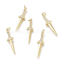 Brass Micro Pave Clear Cubic Zirconia Pendants, with Jump Rings, Long-Lasting Plated, Sword, Golden, 32x8x2.5mm, Hole: 3mm(X-ZIRC-I048-16G)