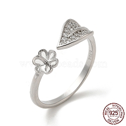 Leaf Rhodium Plated 925 Sterling Silver Micro Pave Cubic Zirconia Open Cuff Ring Settings, for Half Drilled Beads, with S925 Stamp, Real Platinum Plated, US Size 6 3/4(17.1mm), Pin: 0.9mm(STER-NH0001-65P)