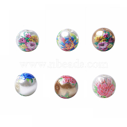 Printed & Spray Painted Imitation Pearl Glass Beads, Round with Flower Pattern, Mixed Color, 8~8.5x7.5mm, Hole: 1.4mm(GLAA-S047-06A-M)