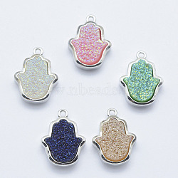 Druzy Resin Pendants, with Platinum Tone Brass Findings, Hamsa Hand, Mixed Color, 18x13x4~6mm, Hole: 1.5mm(G-F550-H)