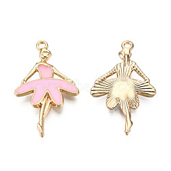 Light Gold Plated Alloy Pendants, with Enamel, Ballet Dancer, Pearl Pink, 30.5x18x2.5mm, Hole: 1.8mm(ENAM-T009-18C)
