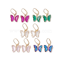 Glass Leverback Earring, with Brass Finding, Butterfly, Mixed Color, 33x20mm(EJEW-C077-07KCG)