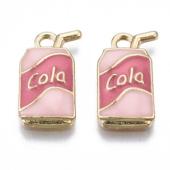 Light Gold Plated Alloy Enamel Pendants, Cadmium Free & Lead Free, Soda Cans with Word Cola, Pink, 16.5x9x2.5mm, Hole: 1.8mm