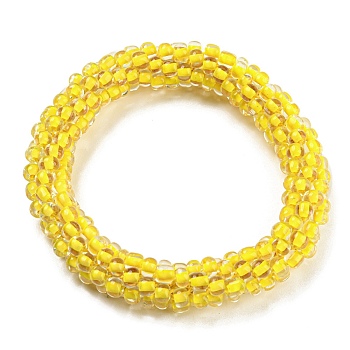 Crochet Glass Beads Braided Stretch Bracelet, Nepel Boho Style Bracelet, Yellow, Inner Diameter: 1-3/4 inch(4.5cm)