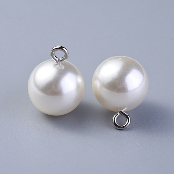 Resin Imitation Pearl Pendants/Shank Buttons, with Iron Findings, 1-Hole, Round, Linen, 21x15.5mm, Hole: 2.5mm