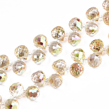 Transparent Glass Beads Strands, Top Drilled Beads, AB Color Plated, Faceted Teardrop, Champagne Yellow, Teardrop: 9.5x8mm, Hole: 0.8mm, Beads: 3~4x2.5~3.5mm, about 100pcs/strand, 23.62 inch(60cm)