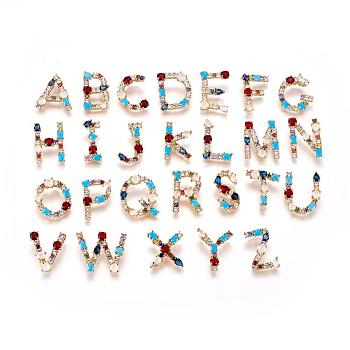 Brass Rhinestone Pendants, with Cubic Zirconia, Mixed Letters, Golden, Colorful, Random Mixed Letters, 18~20.5x8.5~23x2.5~3mm, Hole: 2~4x2~4mm