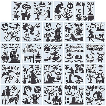 24Pcs 24 Styles PET Plastic Hollow Out Drawing Painting Stencils Templates, Square, Halloween Themed Pattern, 150x149.5x0.3mm, 1pc/style