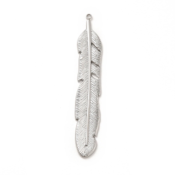 304 Stainless Steel Pendants, Feather Charms, Stainless Steel Color, 58.5x10x2mm, Hole: 1.5mm