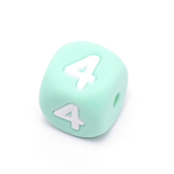 Silicone Beads, for Bracelet or Necklace Making, Arabic Numerals Style, Aquamarine Cube, Num.4, 10x10x10mm, Hole: 2mm