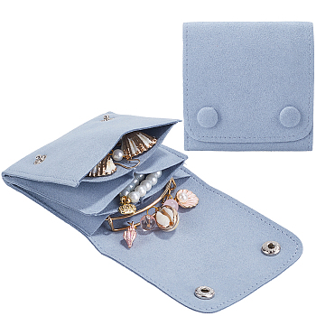 2Pcs Microfiber Cloth Jewelry Storage Bags with Brass Button, for Earring, Rings, Necklaces, Square, Light Blue, 8~8.2x8~8.2x1.28cm