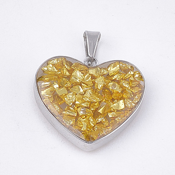 Natural Gemstone Pendants, with Glass and 304 Stainless Steel Findings, Heart, Stainless Steel Color, 19x21x6mm, Hole: 3x5.5mm