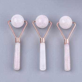 Natural Rose Quartz Massage Tools, Facial Rollers, with Brass Findings, Rose Gold, 135x45x30mm