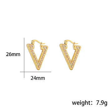 Fashionable Stainless Steel Hoop Earrings, with Clear Cubic Zirconia, Real 18K Gold Plated, Triangle, 26x24mm