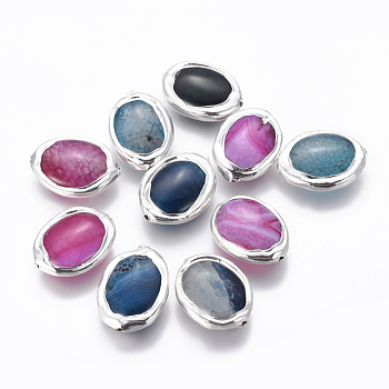 Natural Agate Beads, with Brass Findings, Oval, Silver Plated, 24~26x17~19x7~8mm, Hole: 1mm