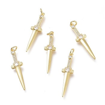 Brass Micro Pave Clear Cubic Zirconia Pendants, with Jump Rings, Long-Lasting Plated, Sword, Golden, 32x8x2.5mm, Hole: 3mm