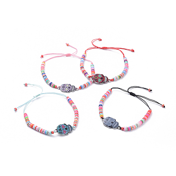 Adjustable Nylon Thread Braided Bead Bracelets, with Sugar Skull Alloy Enamel Links, Glass Beads, Polymer Clay Heishi Beads and Brass Rhinestone Beads, Mixed Color, Inner Diameter: 1-5/8 inch~3-3/8 inch(4~8.5cm)