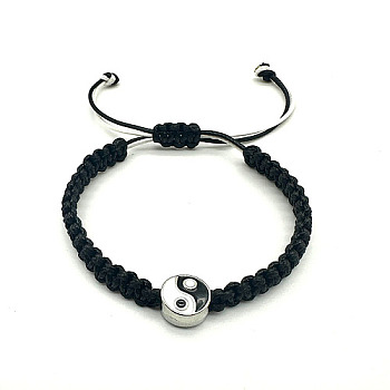 Adjustable Alloy Enamel Yin-yang Braided Bead Bracelet with Nylon Cords, Black, no size