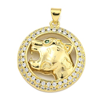 Brass Micro Pave Cubic Zirconia Pendants, Ring with Leopard Charms, Real 18K Gold Plated, 28x25x6mm, Hole: 4x3mm