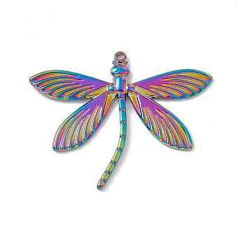 Ion Plating(IP) 304 Stainless Steel Pendants, Dragonfly Charms, Rainbow Color, 28x35x1.5mm, Hole: 1.5mm