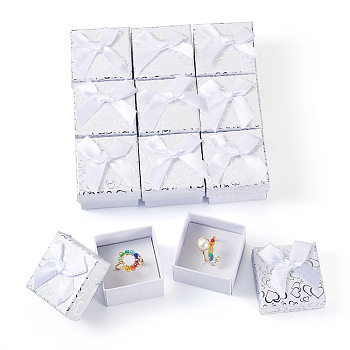 Bowknot Cardboard Paper Ring Gift Storage Boxes, with White Sponge Inside, Square, White, 5.05x5.05x3.8cm