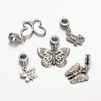 Mixed Tibetan Style Alloy  Butterfly European Dangle Charms, Large Hole Pendants, Antique Silver, 24~33x13~25mm, Hole: 5mm