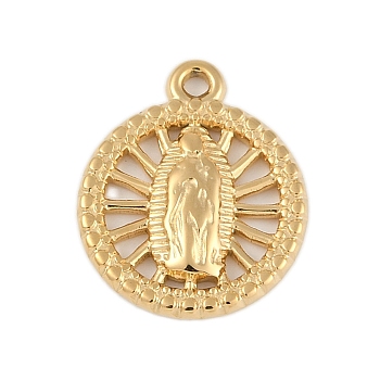 Ion Plating(IP) 304 Stainless Steel Pendants, Religion, Flat Round with Saint Charm, Real 18K Gold Plated, 20.5x17x2.5mm, Hole: 1.6mm